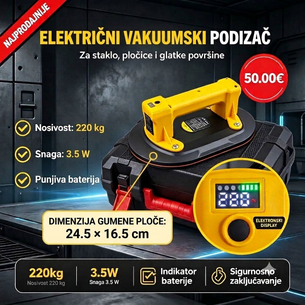 Aku Vakumski Držač 10" – 220 kg | Pločice, Staklo, Kamen