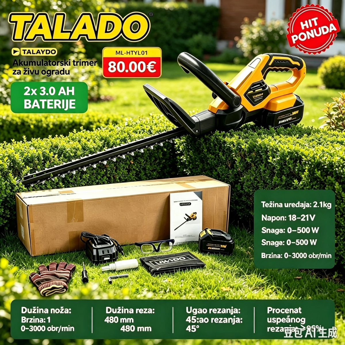 TALADO Akumulatorski trimer za živu ogradu ML-HTYL01 + 2x 3.0 Ah Baterije