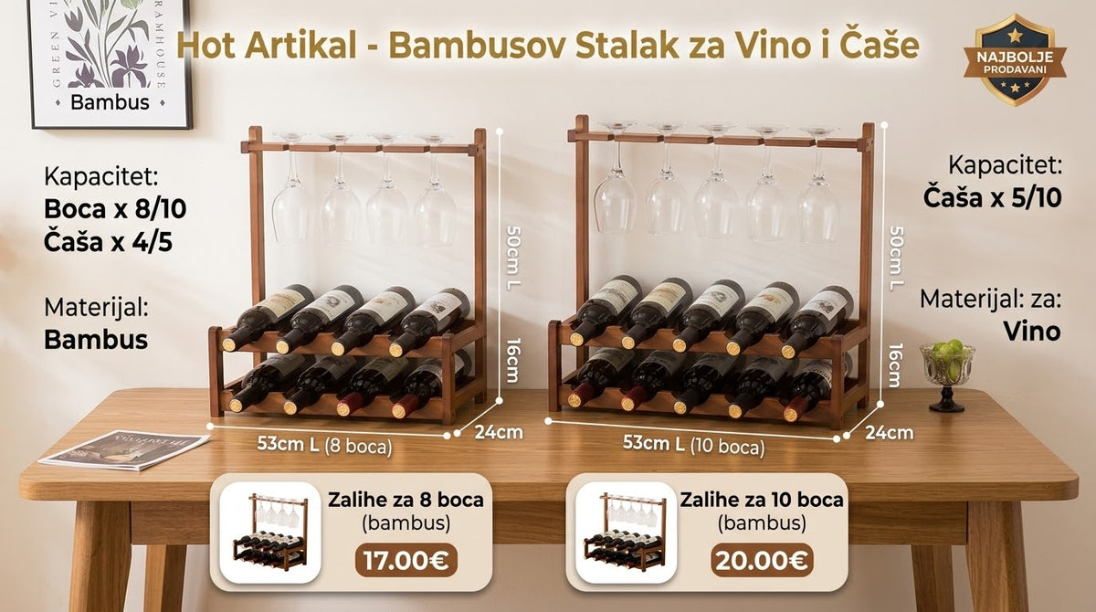 Drveni Bambus Stalak za Vinske Boce i Viseće Čaše – 2 Nivoa (Zalihe za 8 i 10 Boca)