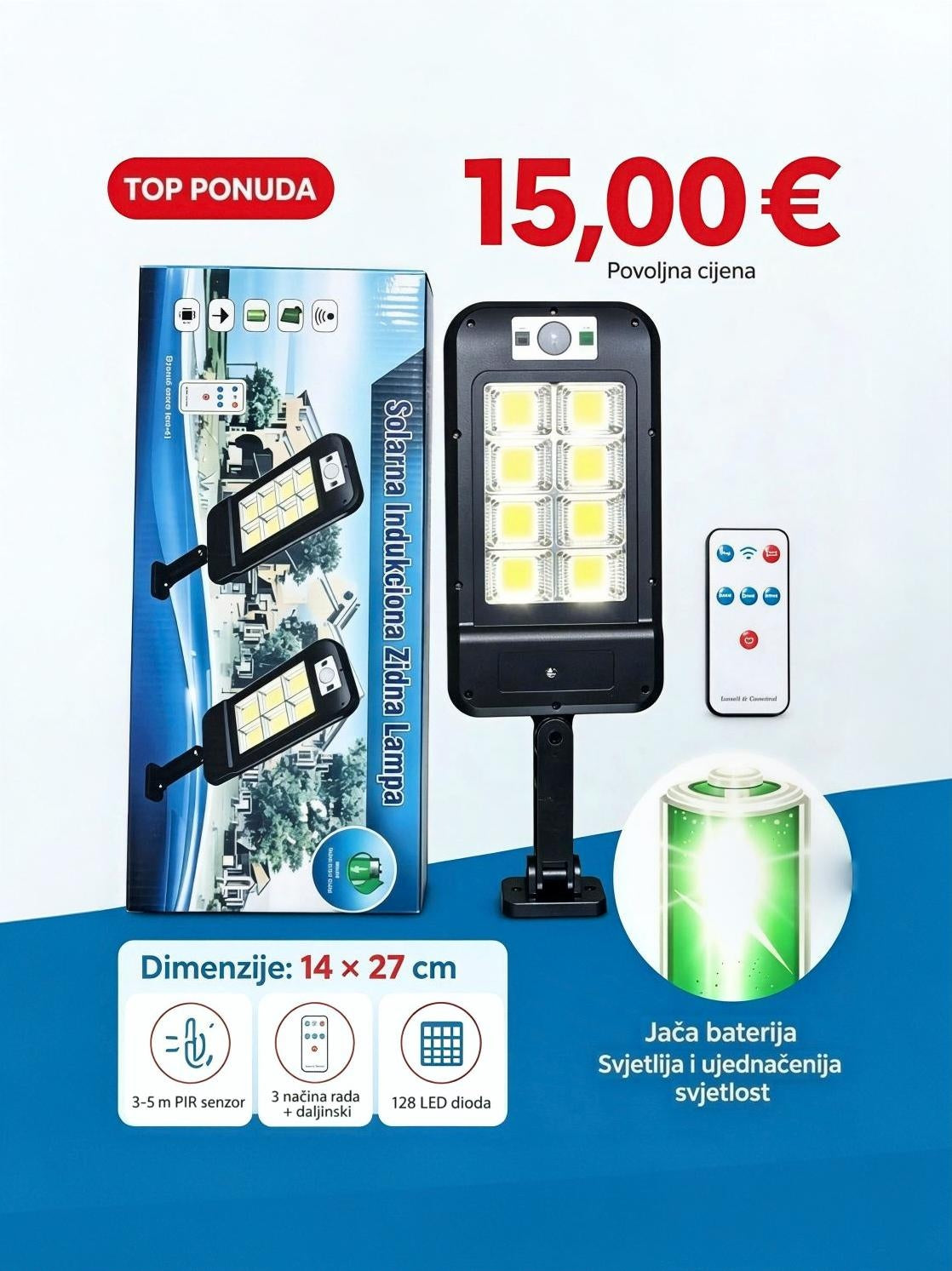 Solarna Indukciona Zidna Lampa sa Senzorom Pokreta i Daljinskim Upravljačem – 128 LED Dioda