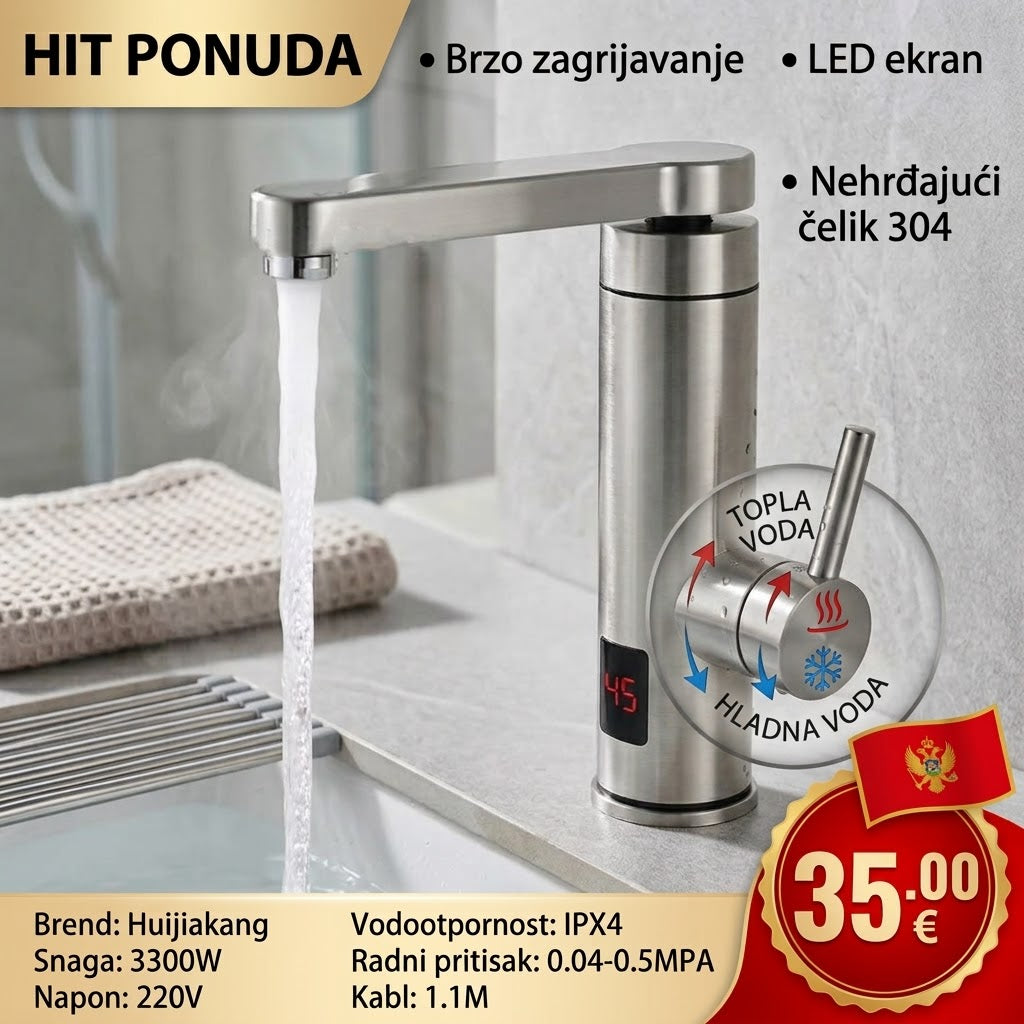 Električna Slavina za Brzo Zagrijavanje Vode 3300W – Nerđajući Čelik 304 sa LED Ekranom