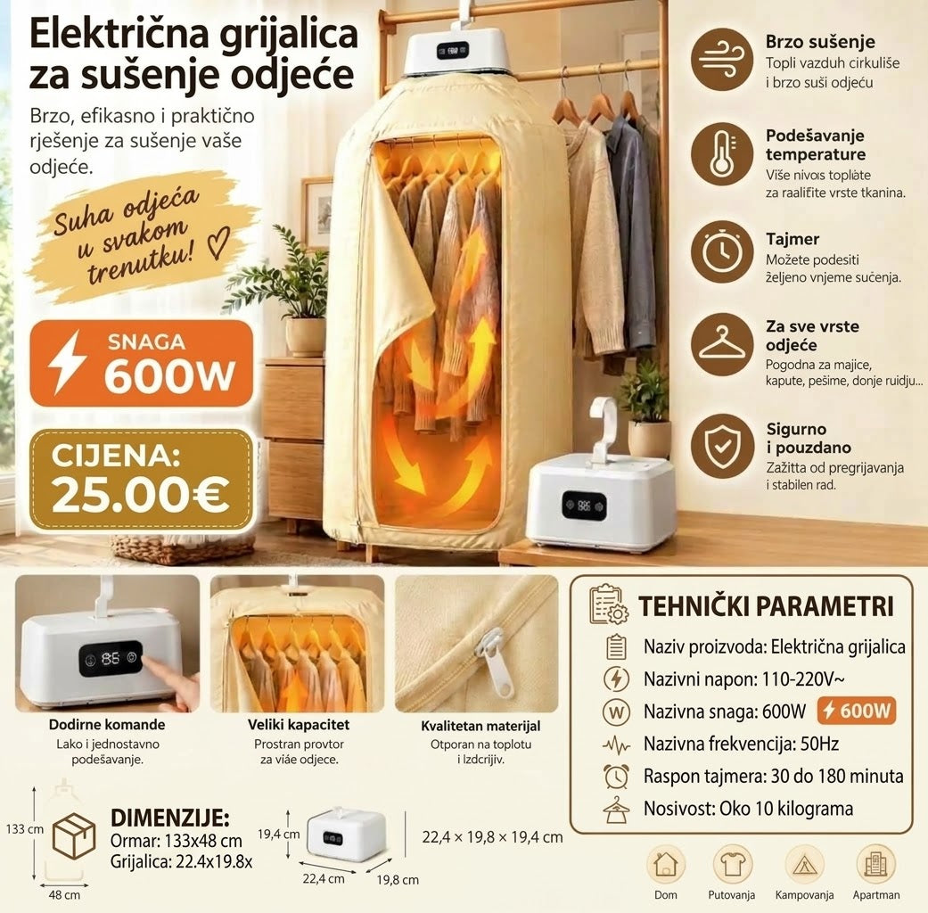 Prijenosna električna sušilica za odjeću sa tajmerom i 600W snage – Samo 25.00€