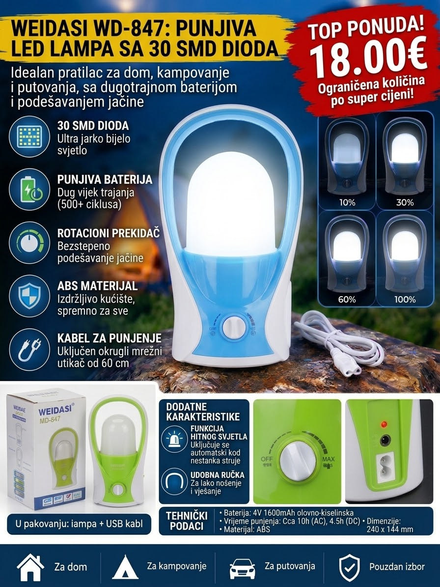 WEIDASI WD-847: Punjiva LED lampa sa 30 SMD dioda