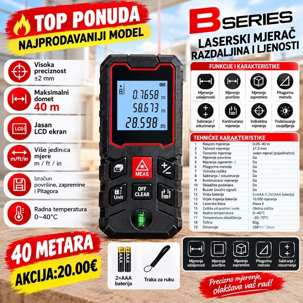 Laserski mjerač razdaljina B Series (40m) – Akcija: 20.00€