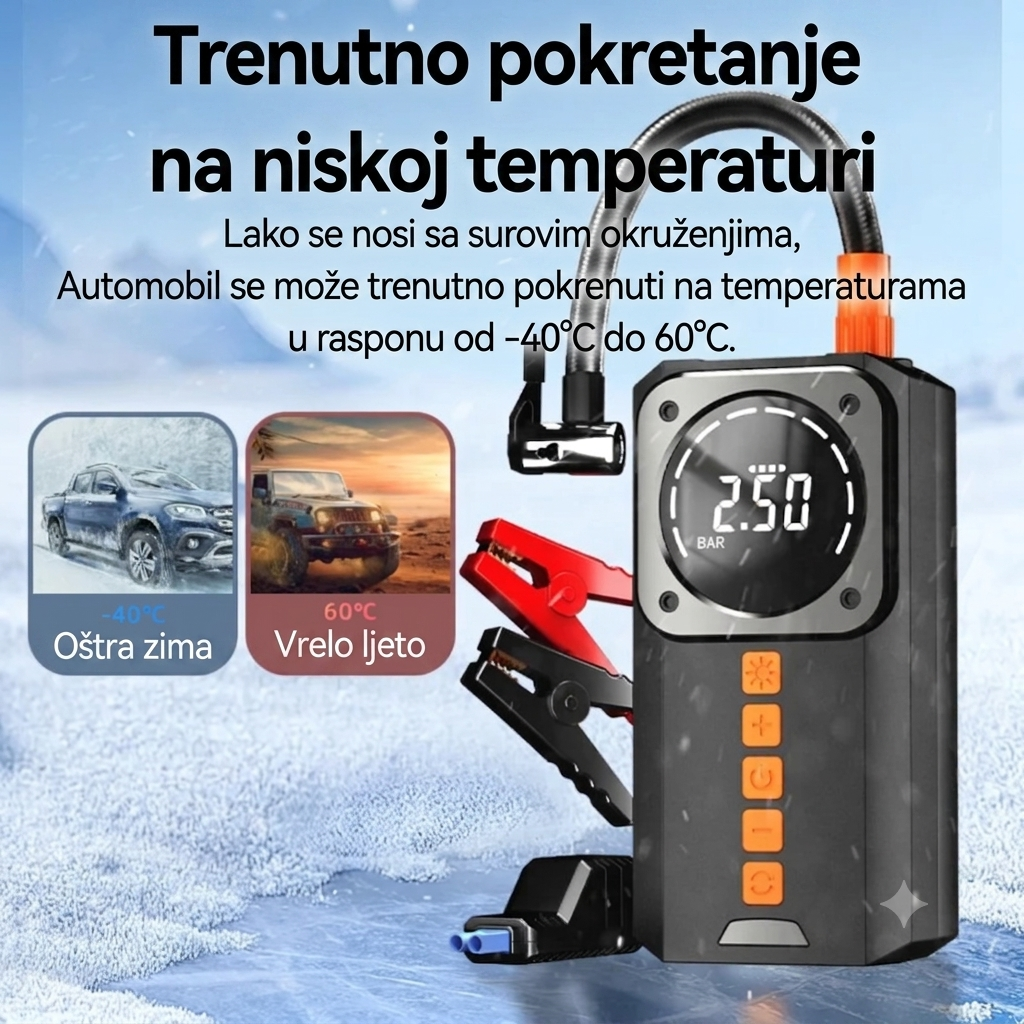 4u1 Prenosivi Starter i Kompresor za Automobil – 8000mAh Power Bank, Kompresor, Startni Kabel, Svjetiljka