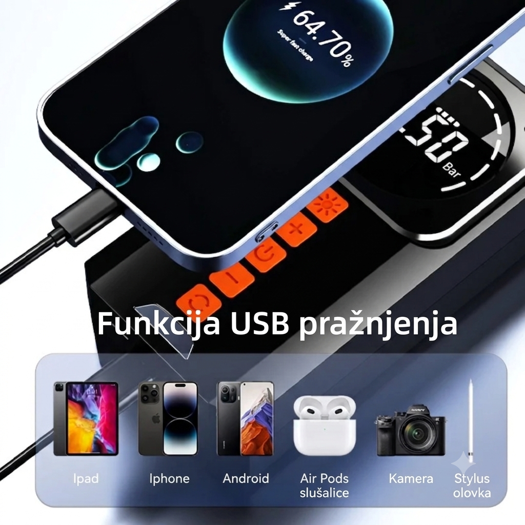 4u1 Prenosivi Starter i Kompresor za Automobil – 8000mAh Power Bank, Kompresor, Startni Kabel, Svjetiljka
