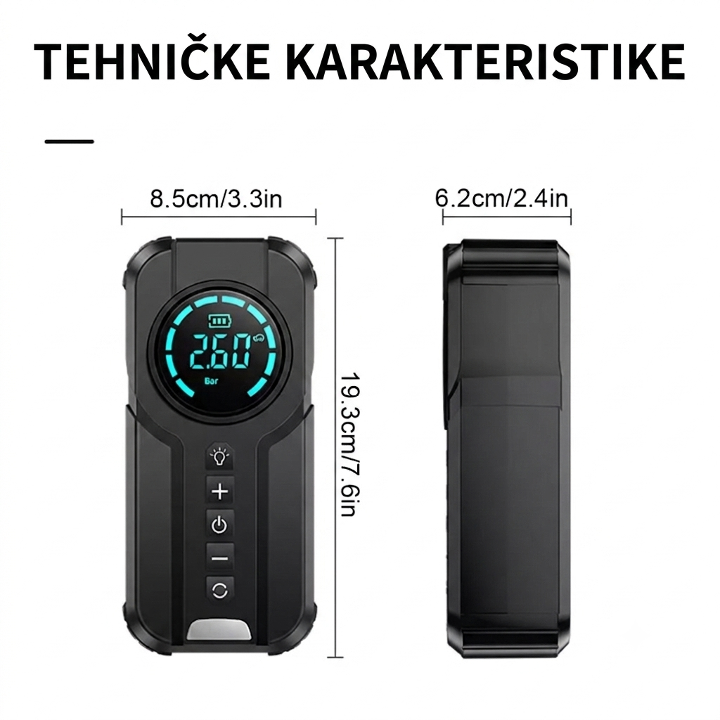 4u1 Prenosivi Starter i Kompresor za Automobil – 8000mAh Power Bank, Kompresor, Startni Kabel, Svjetiljka