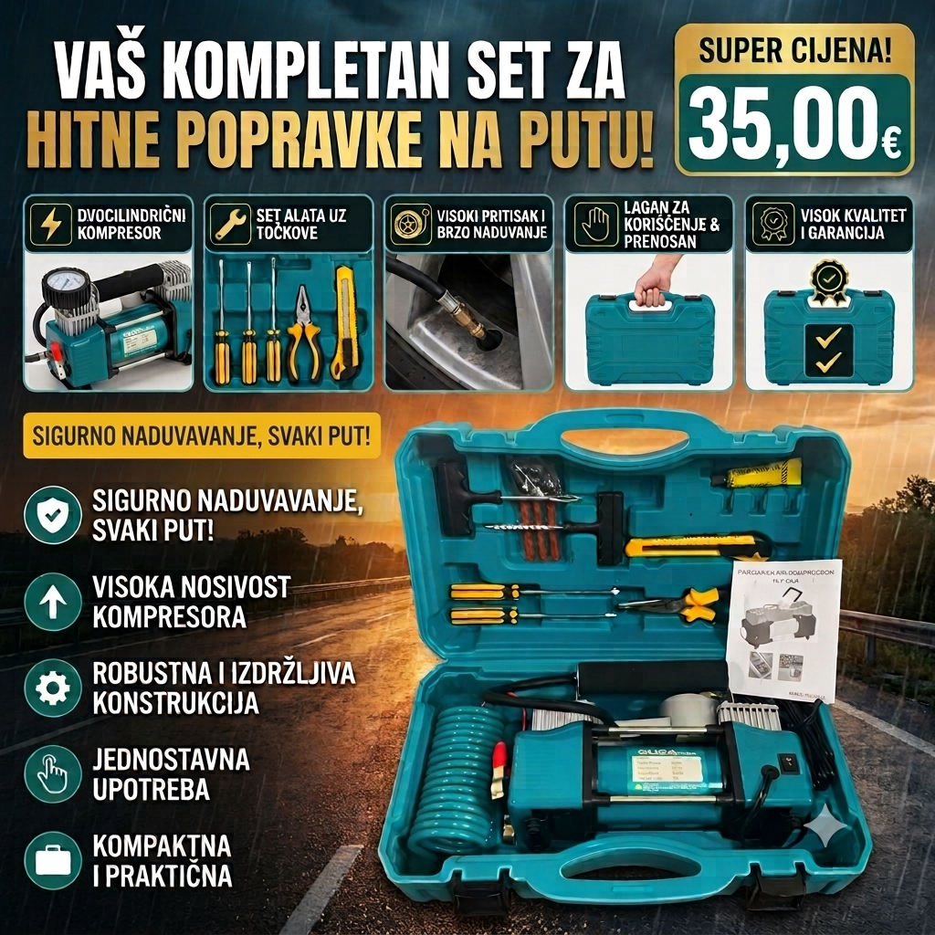 Dvoklipni 12V Auto Kompresor sa Kutijom i Priborom