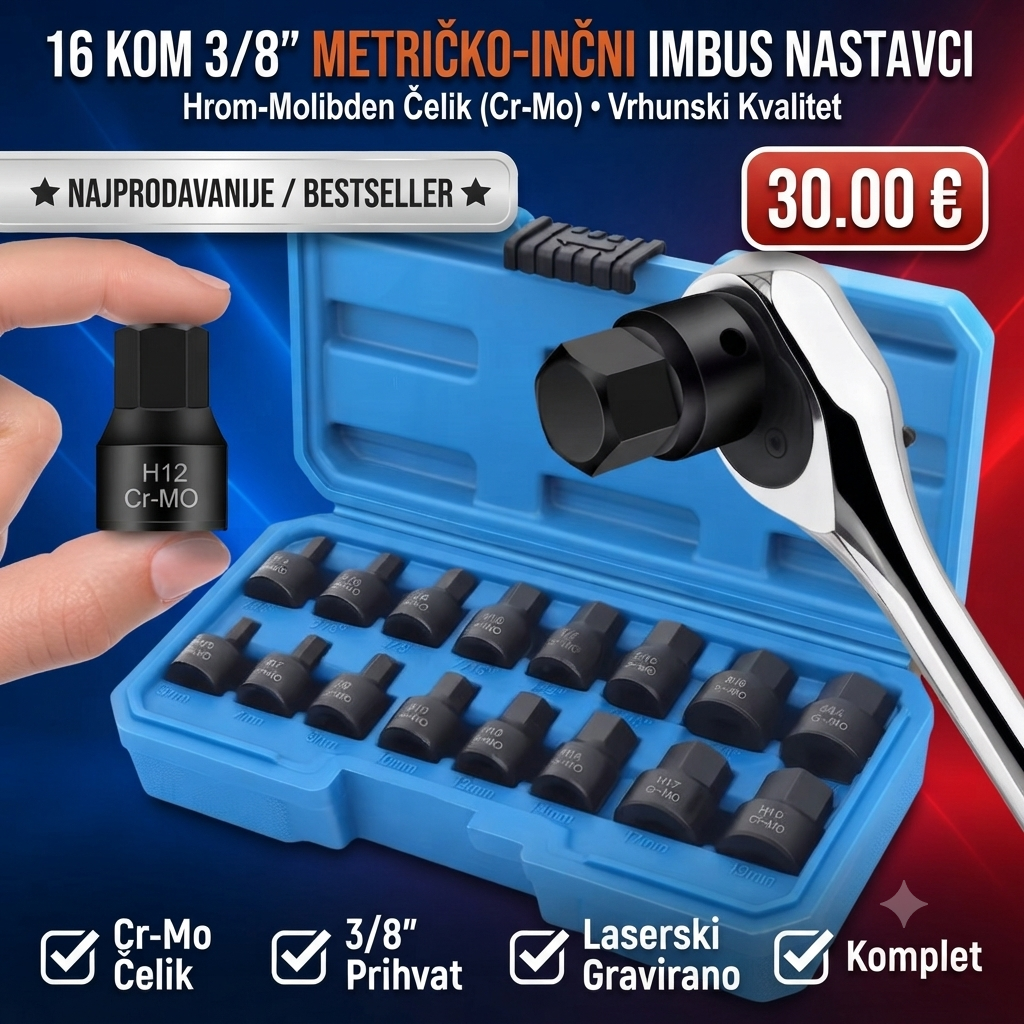 Set 16 komada 3/8" metričko-inčnih imbus nastavaka | Hrom-Molibden Čelik (Cr-Mo