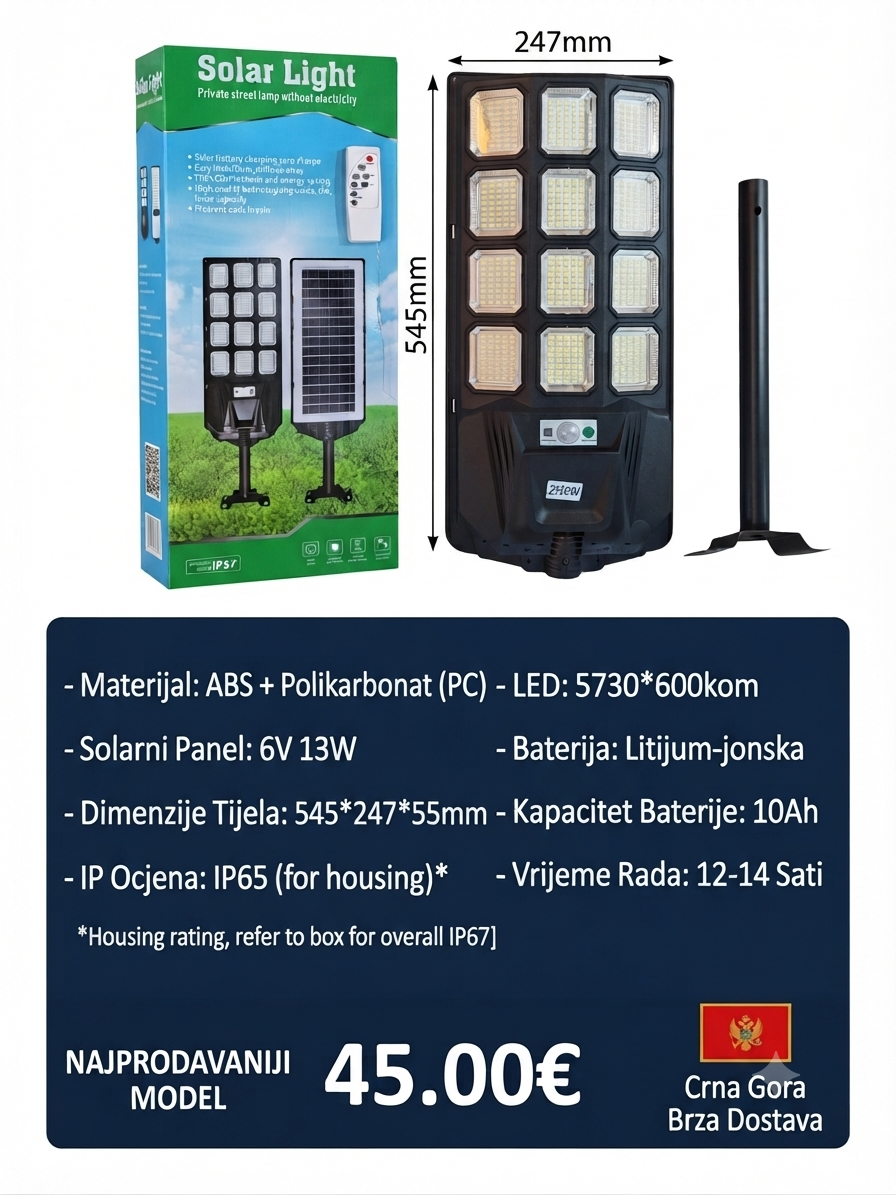 Solarna LED Ulična Svjetiljka 13W / IP65  2500w
