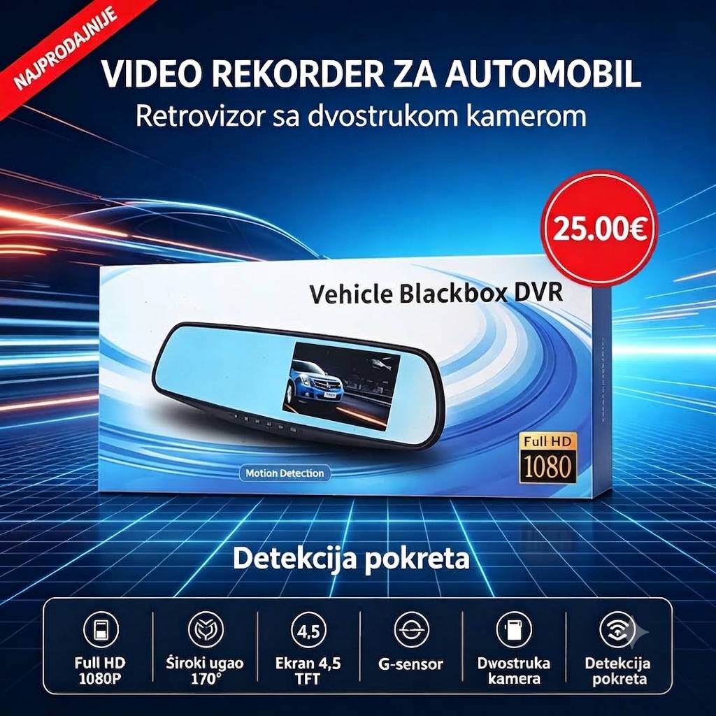 Auto Kamera Retrovizor sa Dvostrukom Kamerom Full HD 1080P – Prednja i Zadnja Kamera za Auto