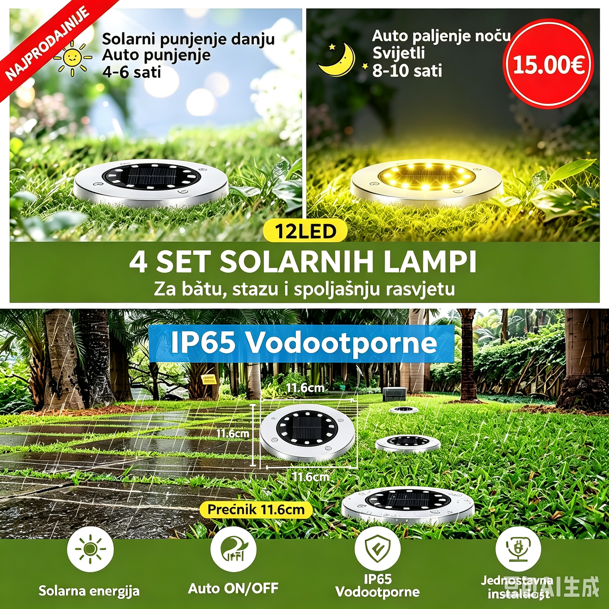 Baštenske solarne disk ubodne lampe 4 kom – 12led Disk Lights