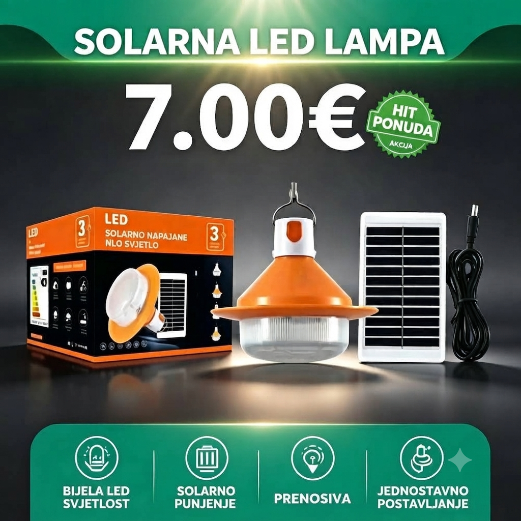 Solarna LED lampa sa odvojenim solarnim panelom – 3W, prenosiva, sa 3 režima rada (Hit ponuda!)