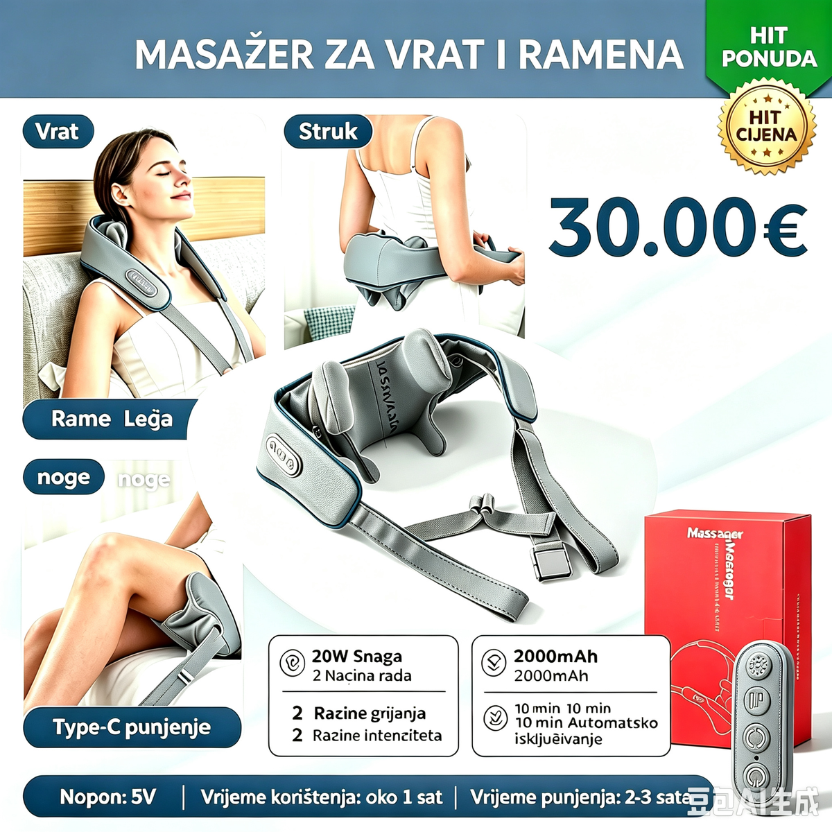Bežični masažer za vrat, ramena i tijelo | Hit cijena 30.00€
