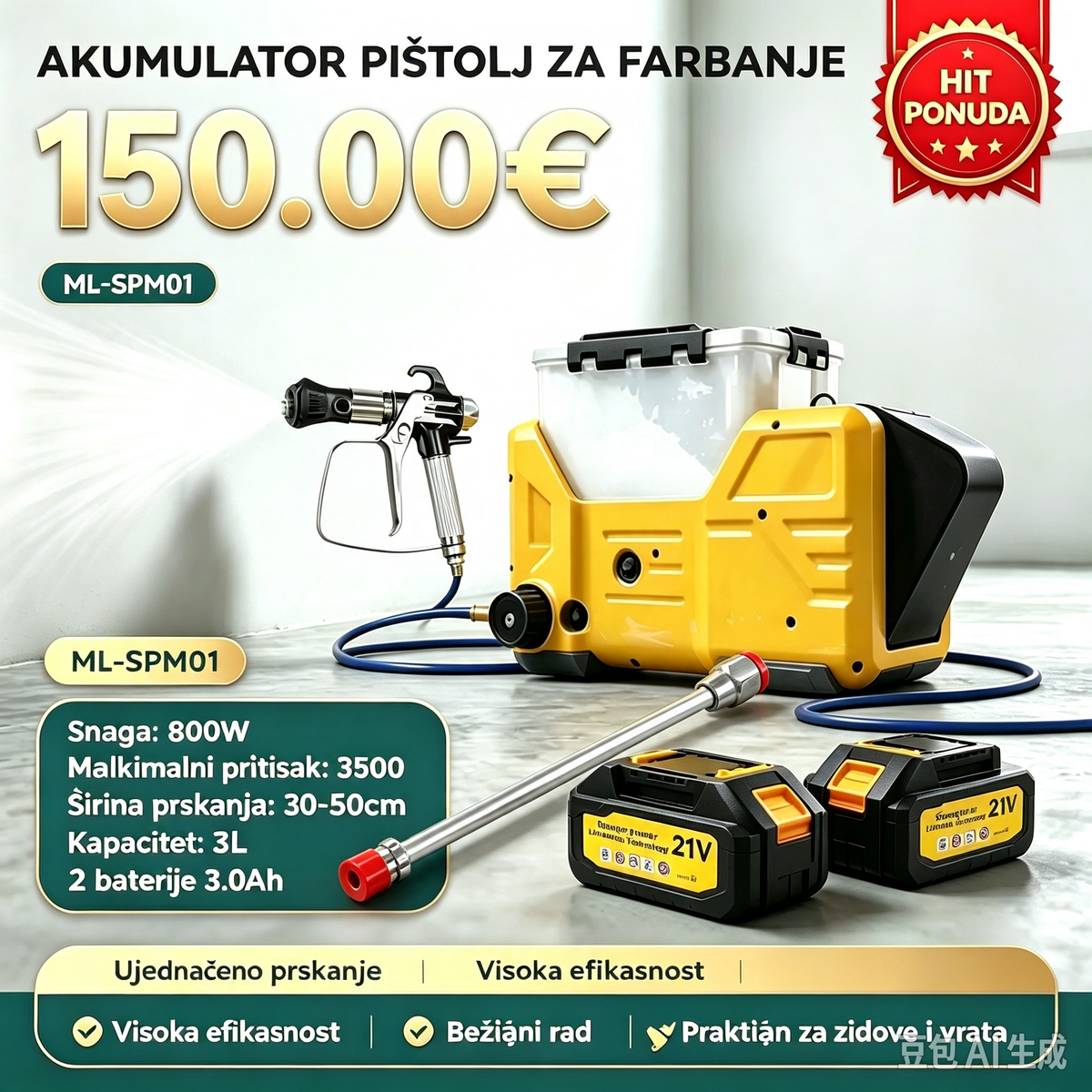 AKUMULATORSKI PIŠTOLJ ZA FARBANJE ML-SPM01 (800W, 3L) - HIT PONUDA!