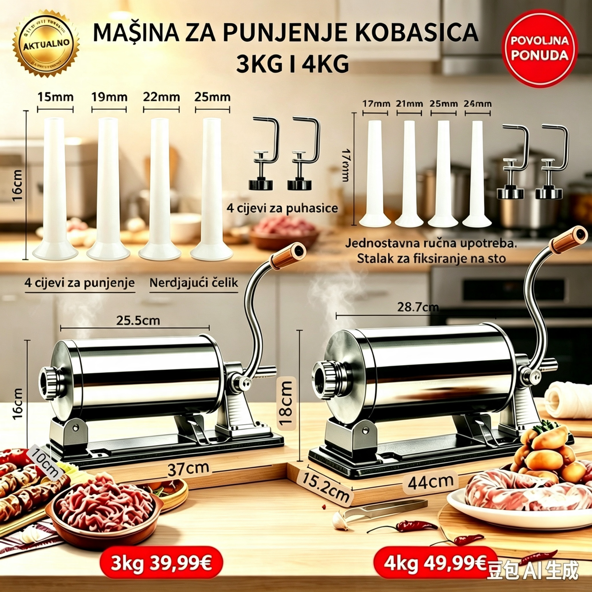 Ručna mašina za punjenje kobasica 3kg i 4kg | Inox kvalitet