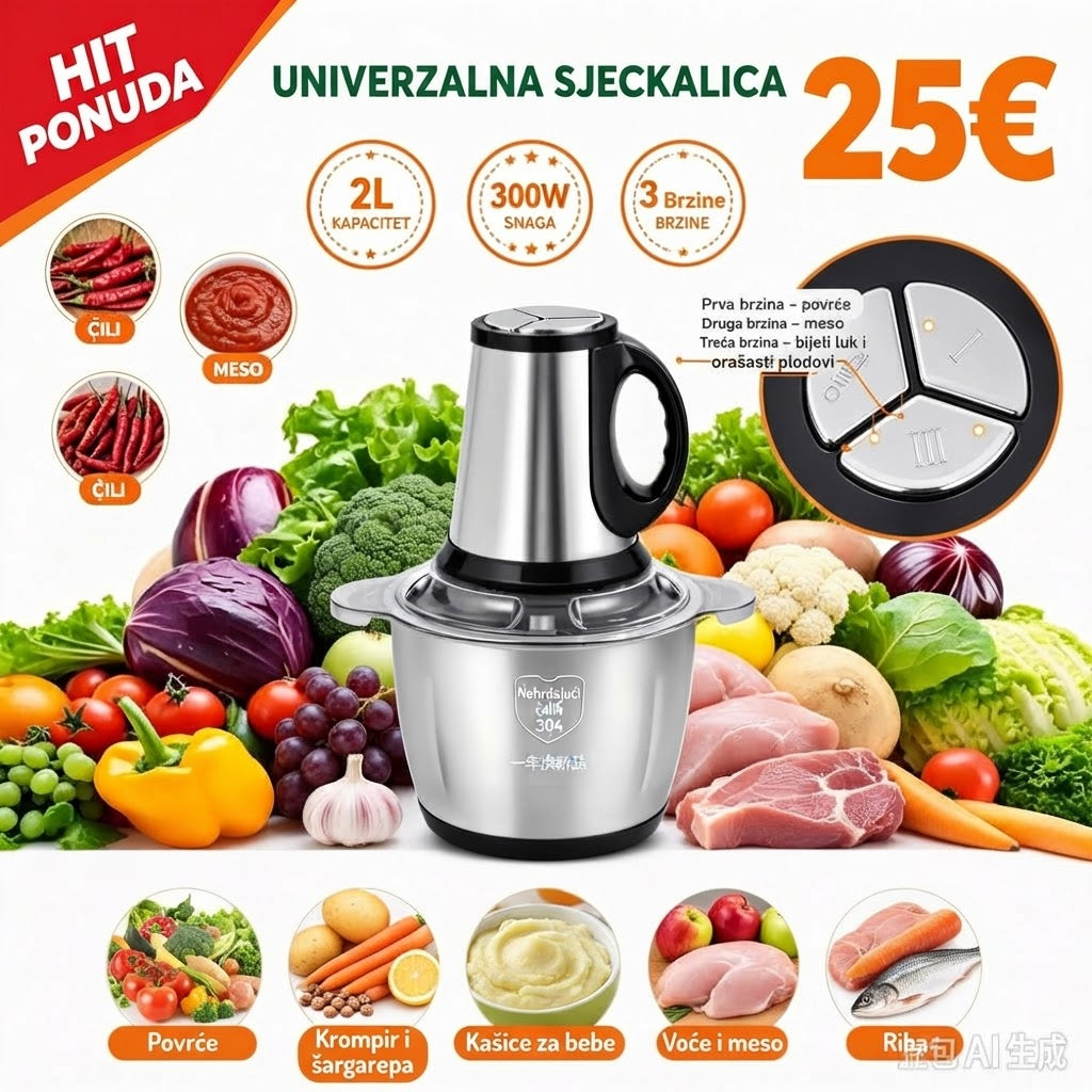 Univerzalna Inox Sjeckalica od 2L – 3 Brzine za Meso, Povrće i Voće po Super Cijeni od 25€!