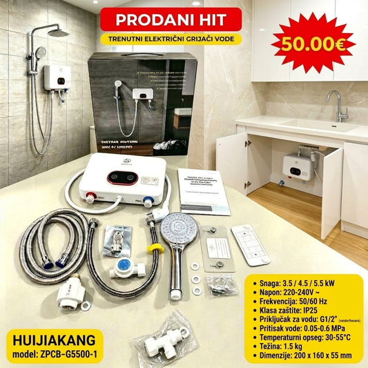 Električni bojler za brzo zagrijavanje – kuhinja i kupatilo (3500W/4500W/5500W)