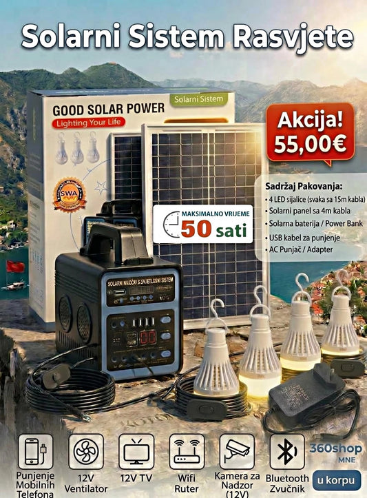Solarni sistem sa akomulatorom + 4 sijalice + USB + BT Radio