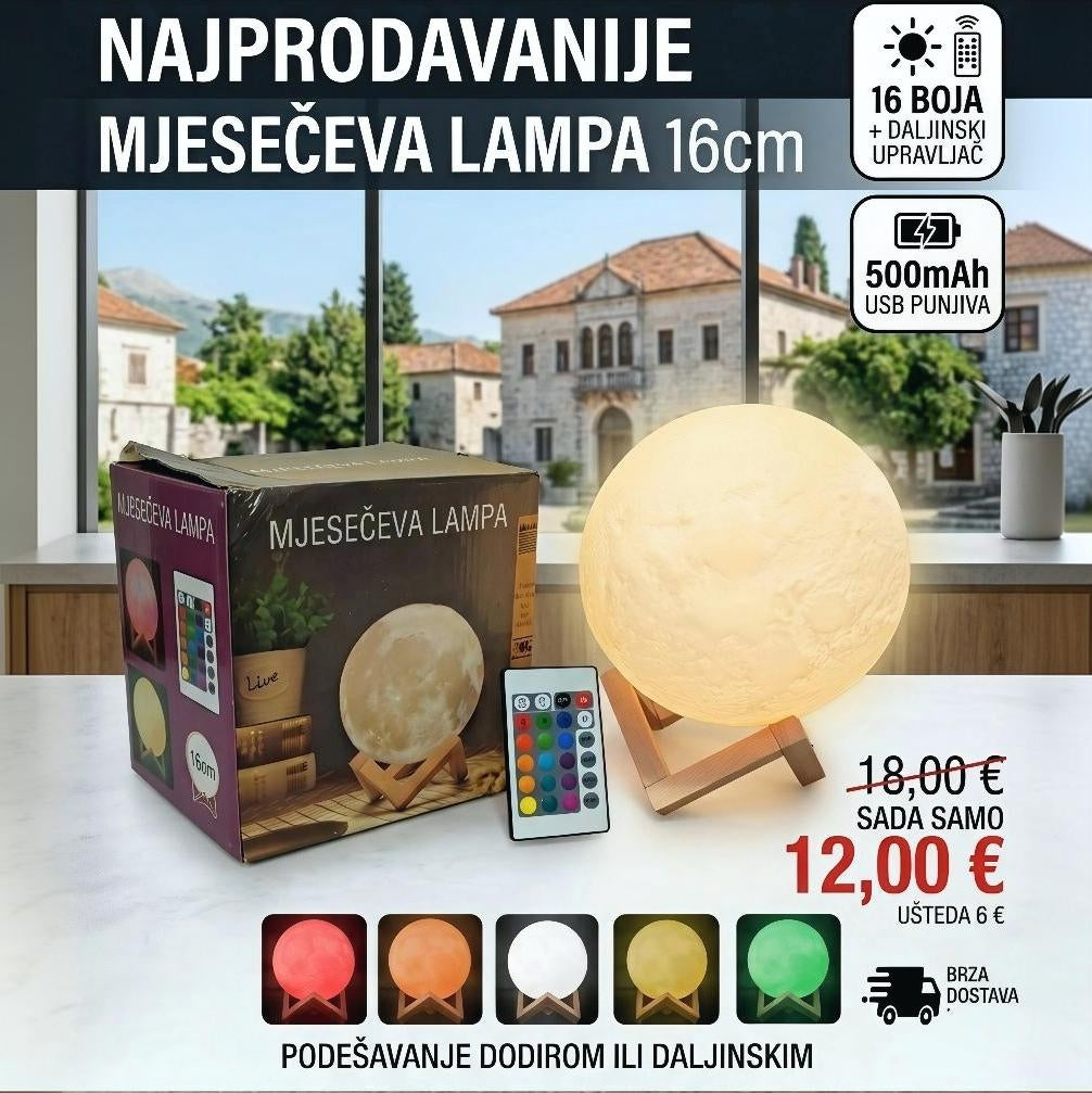 Najprodavanija Mjesečeva Lampa 16cm – 16 Boja + Daljinski Upravljač