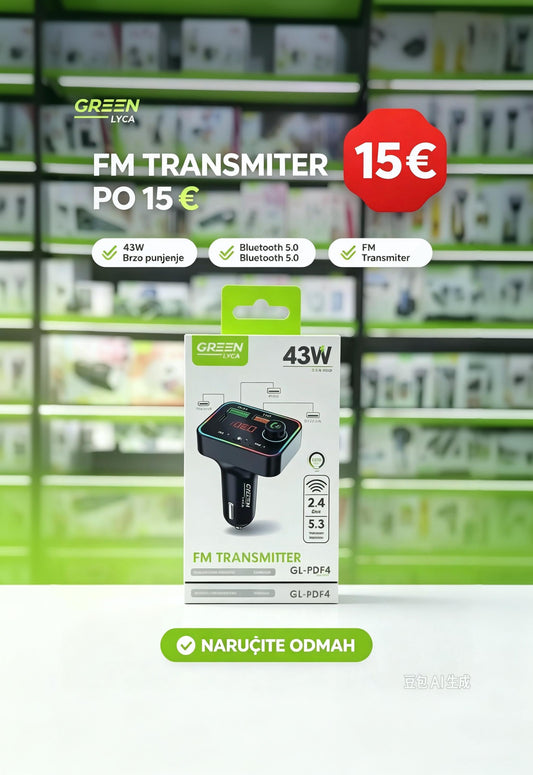 Green Lyca Auto FM Transmiter 43W - Bluetooth 5.3, Brzo Punjenje & Handsfree