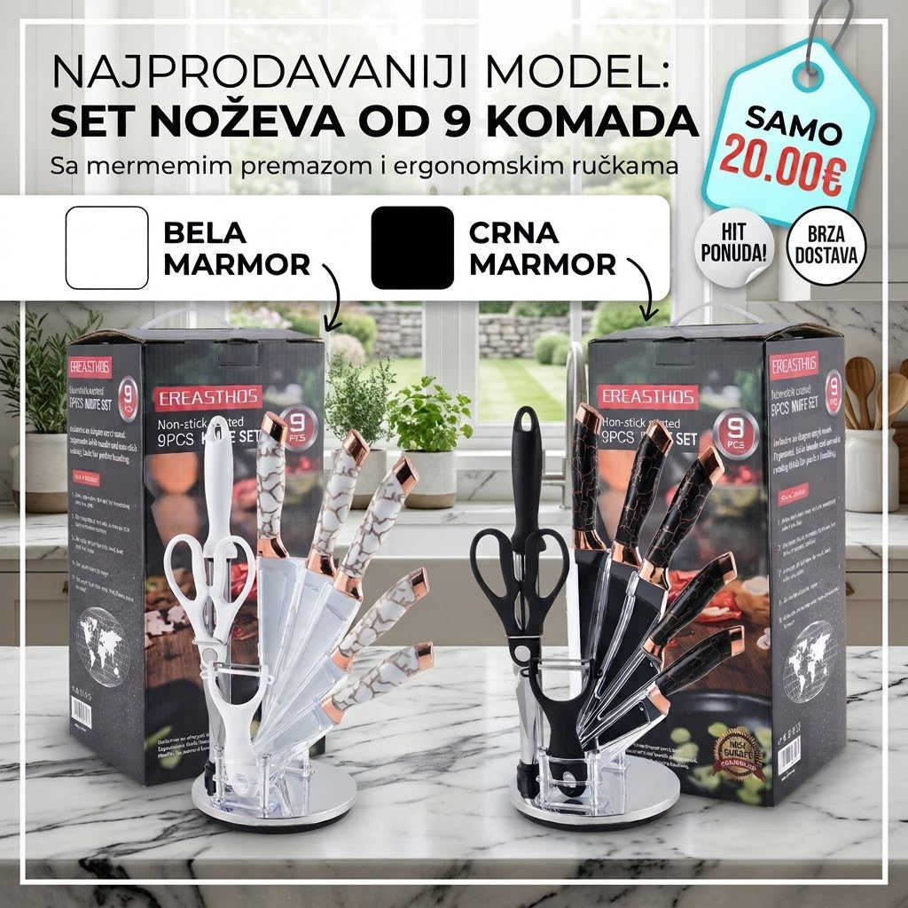 Set noževa od 9 komada sa mermernim premazom (Bela i Crna boja)