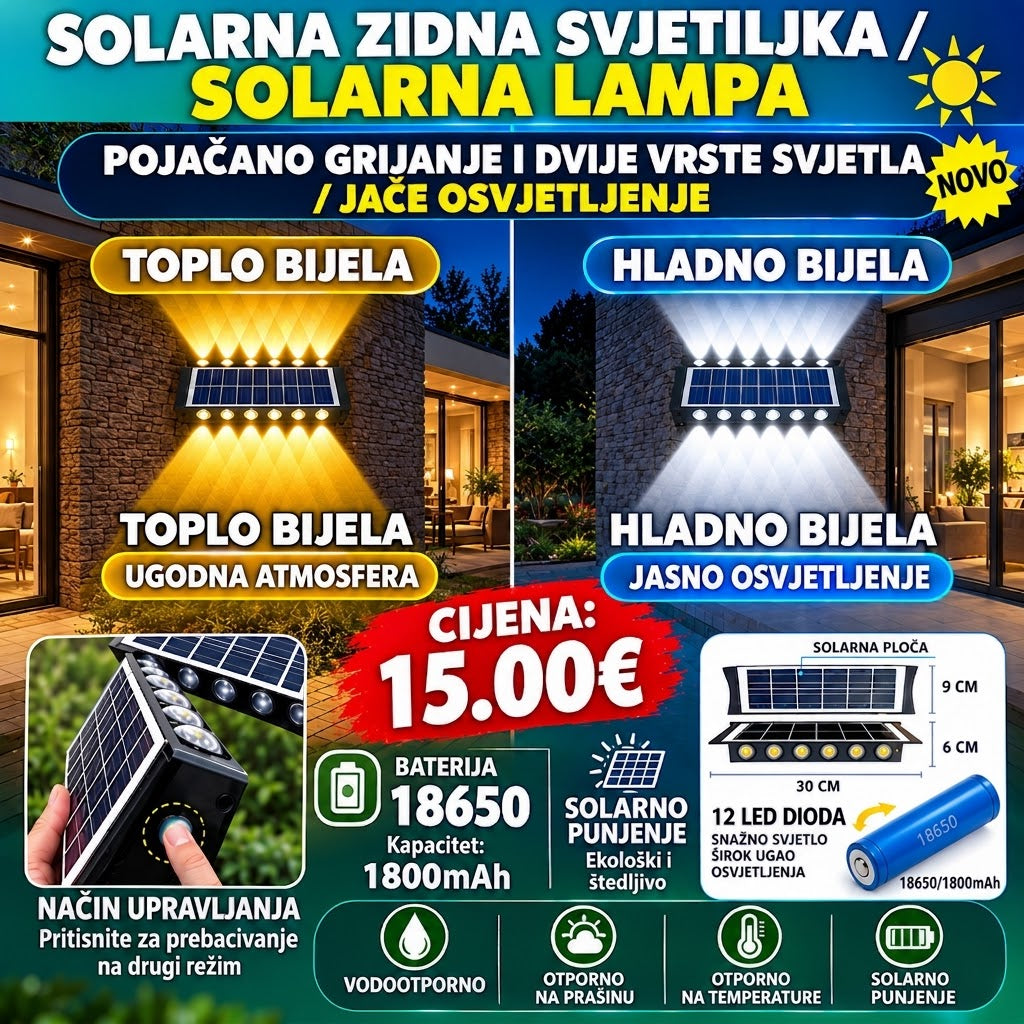 Solarna Zidna Lampa - IP65 Vodootporna, 12 LED Dioda, Toplo i Hladno Bijelo Svjetlo