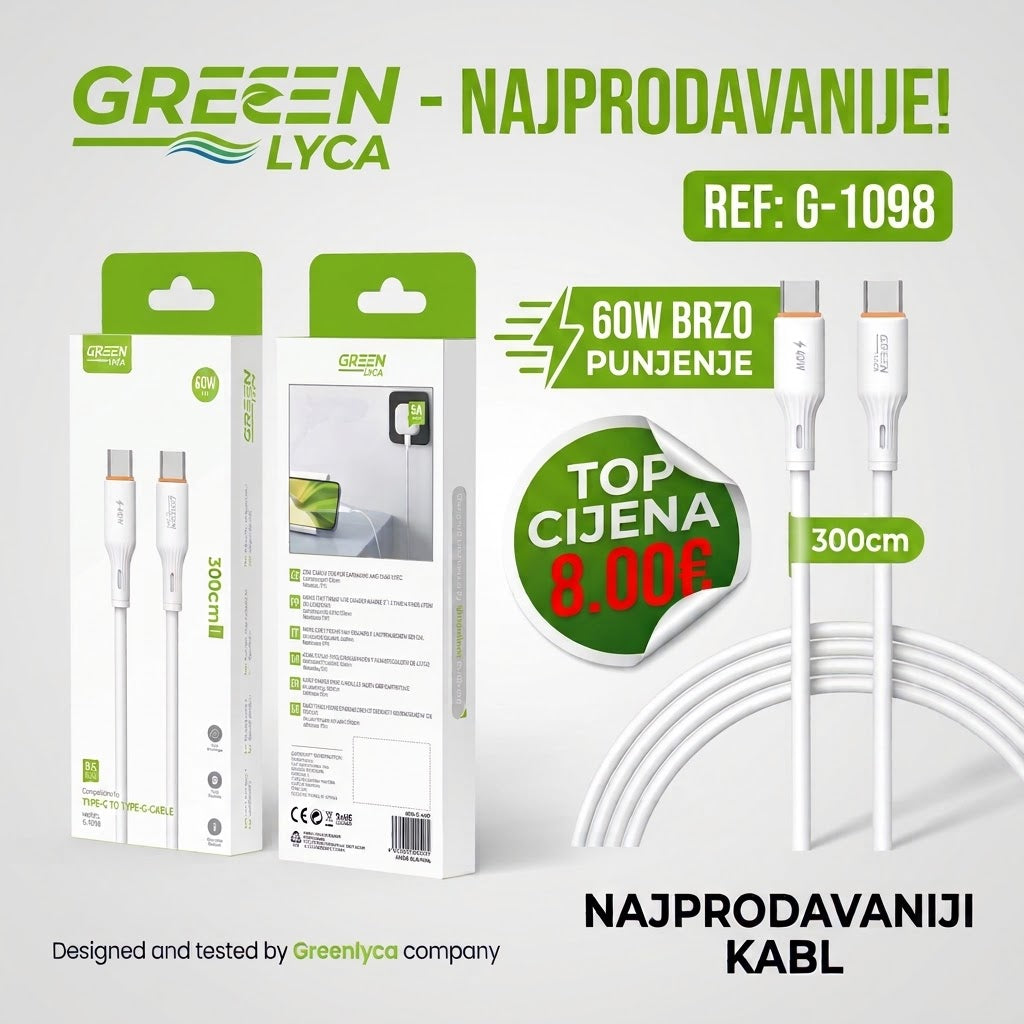 GREENLYCA 60W Type-C na Type-C Kabl za Brzo Punjenje (3m) – Najprodavaniji Model