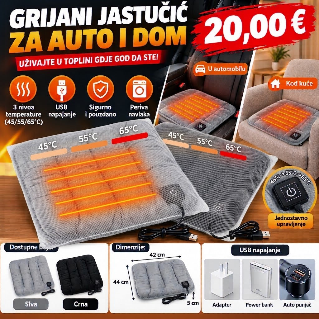 Grijani Jastučić za Auto, Dom i Ured (42×44×5 cm) – USB Električni Jastuk sa 3 Nivoa Temperature